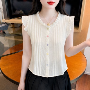 木耳边无袖雪纺衬衫女夏季2026新款温柔风小飞袖娃娃衫衬衣潮上衣