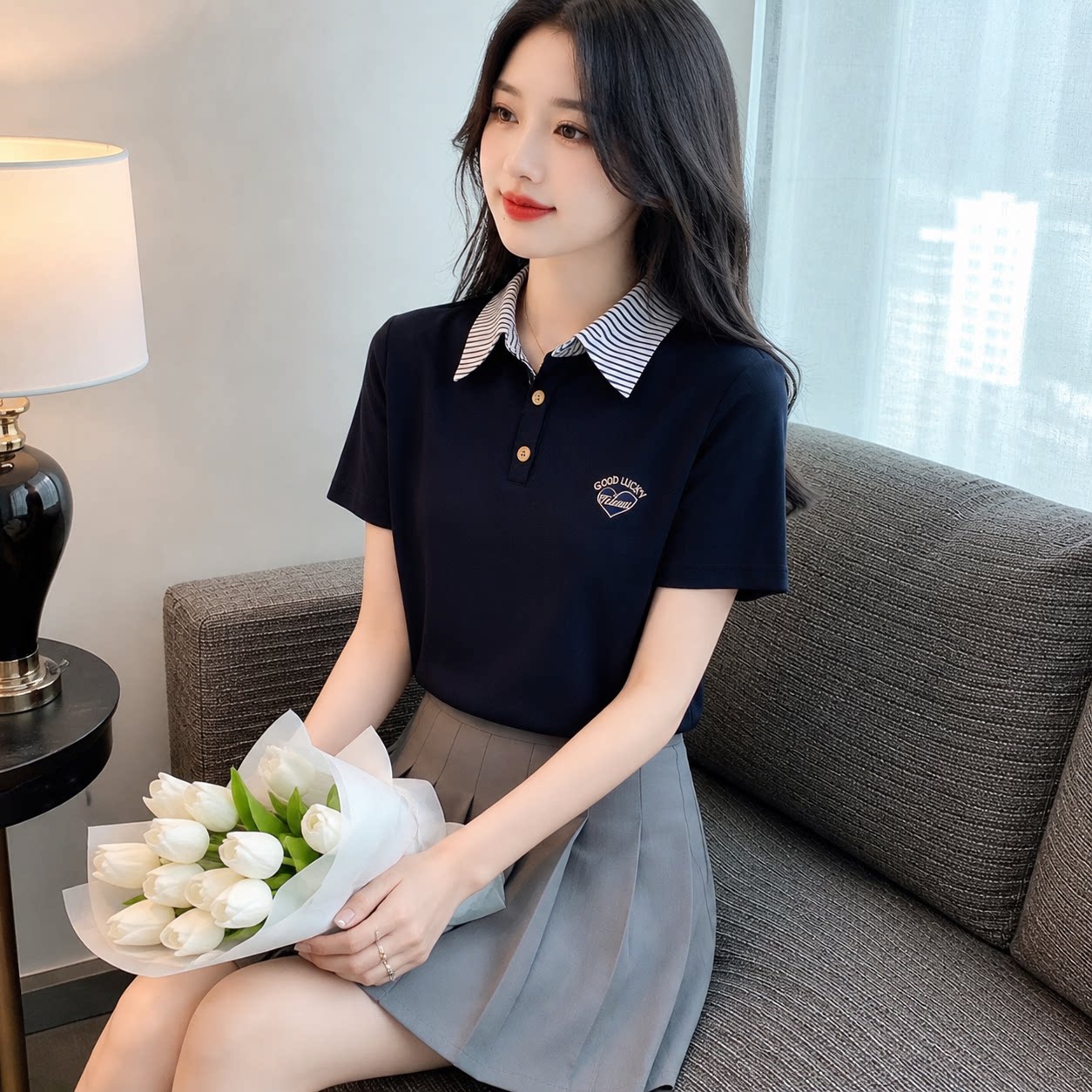 洋气减龄假两件拼接Polo领上衣女2026夏季气质小衫设计感短袖T恤