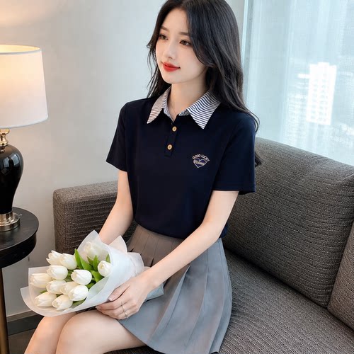 洋气减龄假两件拼接Polo领上衣女2026夏季气质小衫设计感短袖T恤