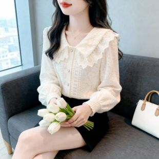 洋气甜美娃娃领蕾丝衫衬衣女春秋款法式别致漂亮打底小衫减龄上衣