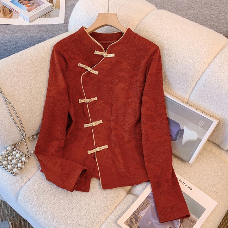 新中式国风刺绣红色旗袍衬衫2025新款秋冬季内搭薄绒上衣打底小衫
