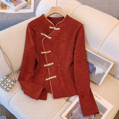 新中式国风刺绣红色旗袍衬衫2025新款秋冬季内搭薄绒上衣打底小衫