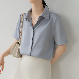 女设计感宽松百搭通勤职业休闲上衣 衬衫 高级感缎面夏季 灰蓝色短袖