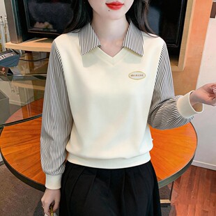 2026早春新款假两件拼接长袖T恤女装百搭薄款卫衣宽松POLO领上衣