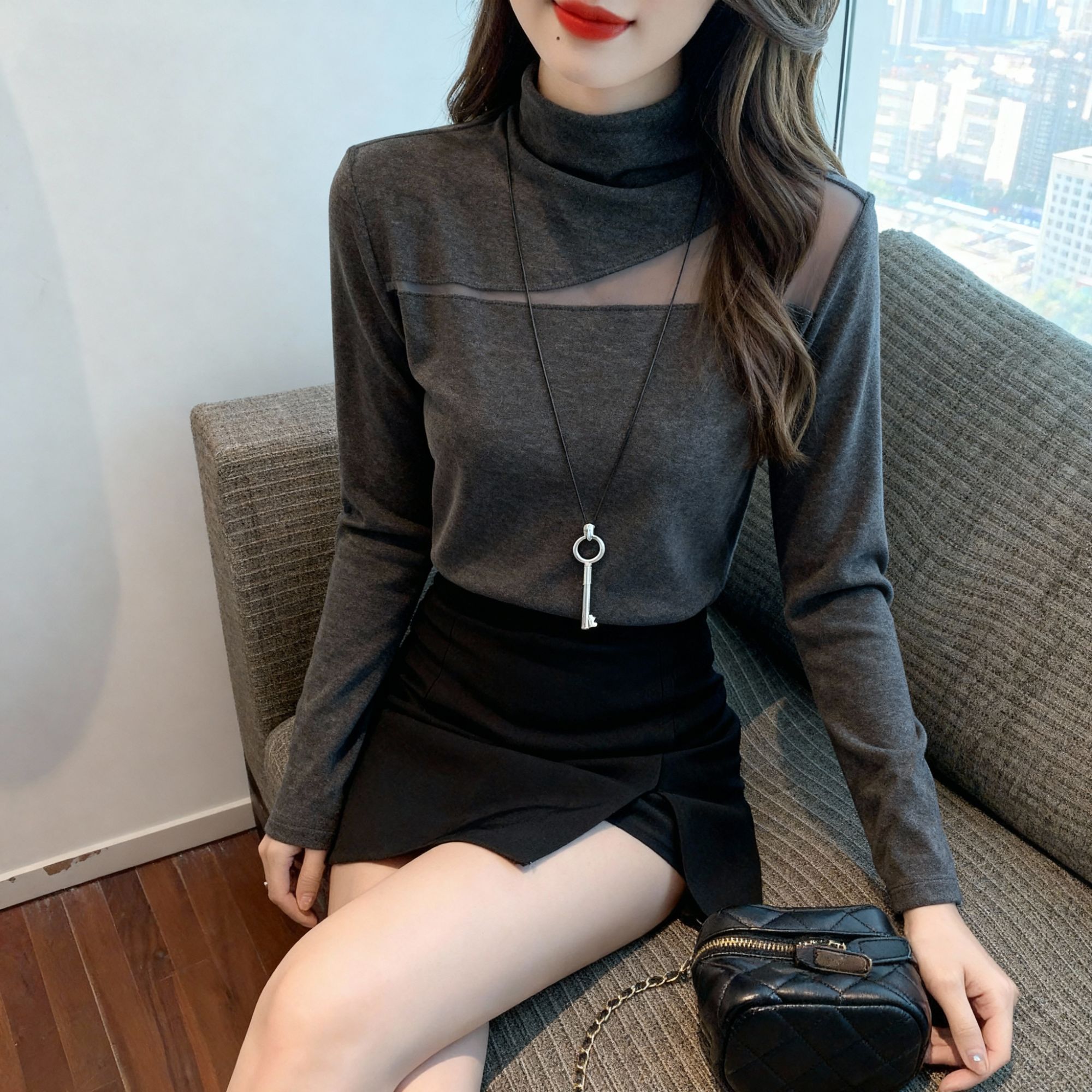 设计感网纱拼接德绒打底衫女2025秋冬气质半高领长袖上衣外穿秋衣