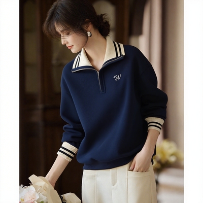 假两件半拉链Polo翻领卫衣女士春秋薄款打底小衫休闲宽松百搭上衣