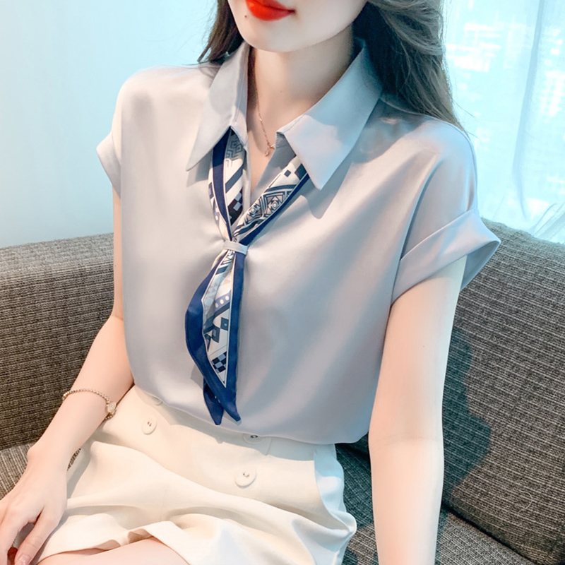 缎面高档雪纺上衣女装夏季2025年新款法式气质职业轻熟风短袖衬衫