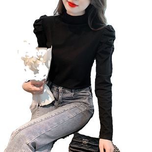 2025年新款黑色半高领泡泡袖德绒打底衫女秋冬高级感洋气内搭上衣