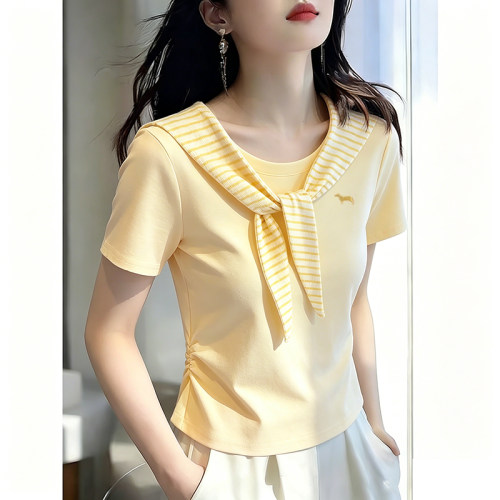 2026夏季韩系条纹海军领短袖T恤女收腰别致小衫设计感百搭短上衣