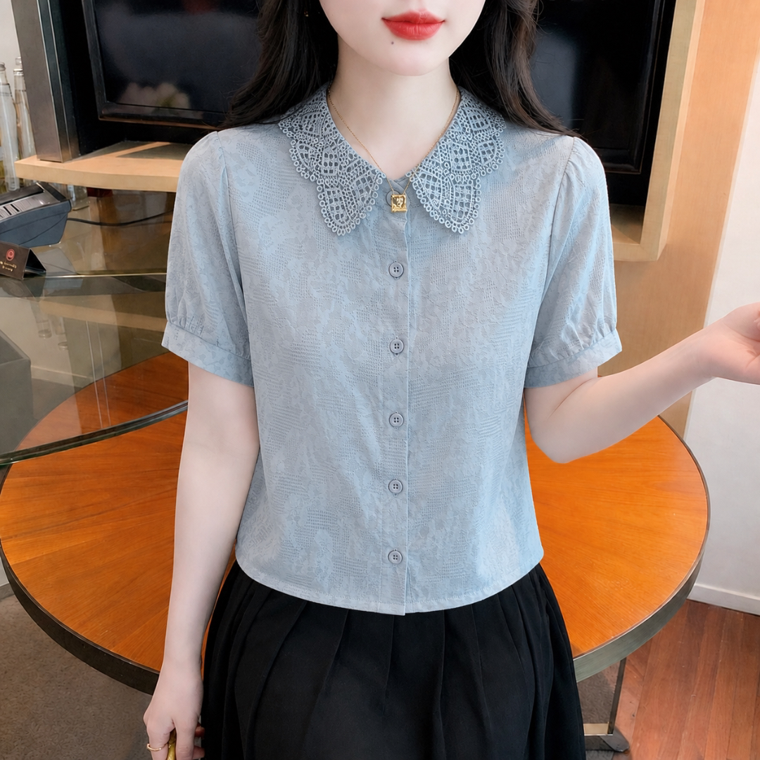 洋气减龄蕾丝翻领衬衫女款夏季设计感小众时尚雪纺衫百搭短袖上衣图片