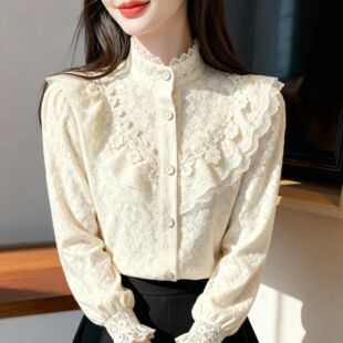 加绒加厚蕾丝打底衬衫女士秋冬2025新款法式高档长袖上衣减龄衬衣