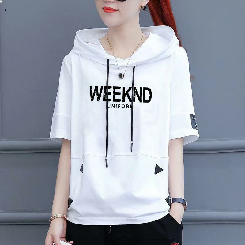百搭棉质夏季韩版宽松T恤休闲运动短袖连帽卫衣女拼接上衣服ins潮