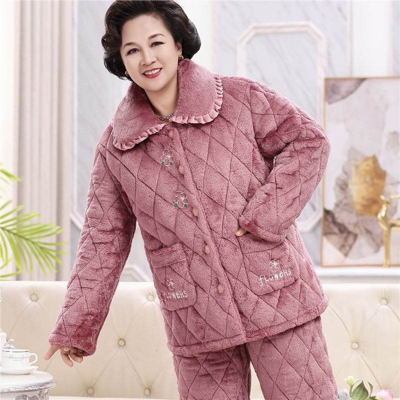 三层加厚夹棉中年妈妈睡衣女秋冬季中老年人保暖纯棉加大码家居服