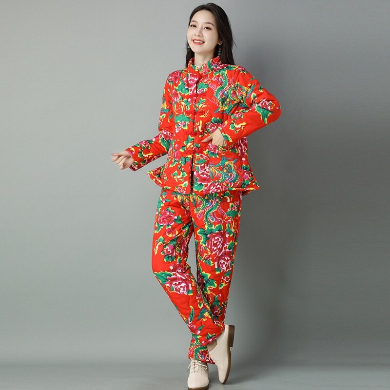 爆款小女士东北大花布棉花棉袄套装纯中国风农村老式复古妈妈棉裤