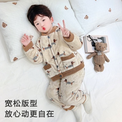 儿童秋冬季睡衣加绒加厚款三层夹棉男女中大童法兰绒珊瑚绒家特厚