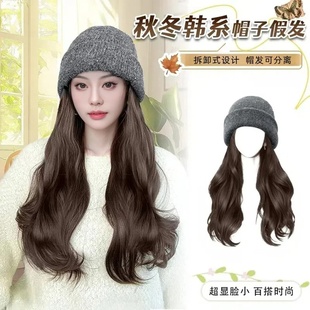 帽子带假发 一体 潮流女冬天新式网红长发自然黑色毛线帽针织帽