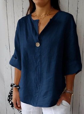 宽松T恤衫女士V领纽扣上衣 T-shirt women V-neck button up Top
