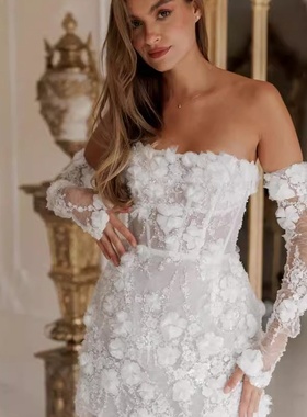 IDO2024新款新娘婚纱礼服白色花朵抹胸短款欧美蕾丝连衣裙定制