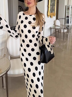 波点街头长袖A字连衣裙 Street Style Long Sleeve A-line Dress