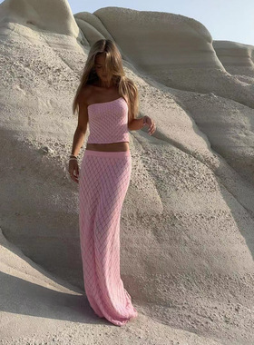 露肚露背吊带背心+长裙两件套 Strap Top Long Skirt Set