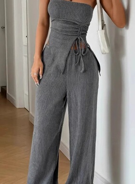开叉上衣直筒长裤坑条套装 Split Top Straight Pants Strip Set