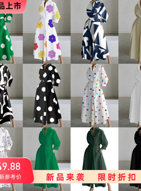 V-neck printed dress women秋季新款时尚长袖V领印花连衣裙女