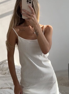 白色提花吊带针织镂空睡裙舒适家居服Strap Knitted Hollow