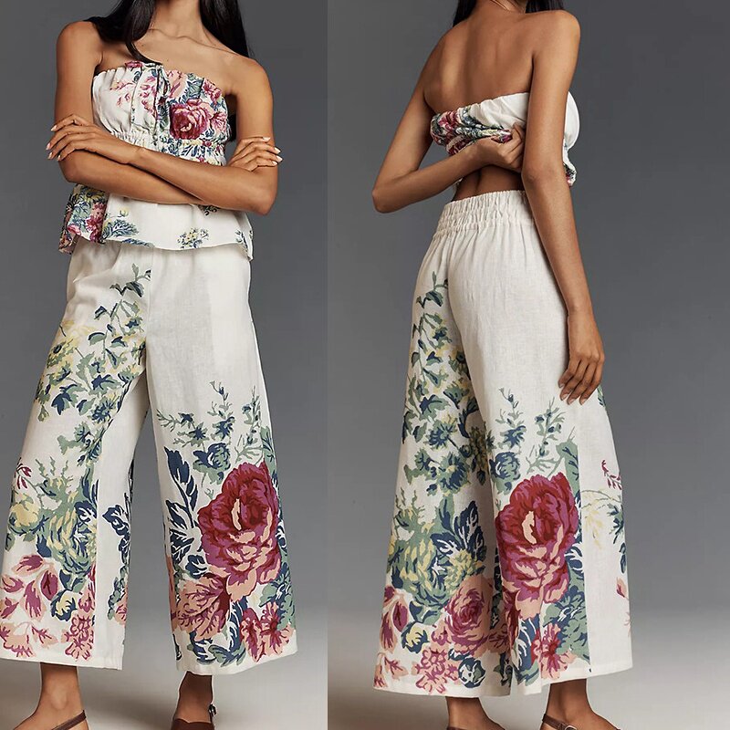 印花裹胸无袖阔腿裤套装 Printed Chest Wide leg Pants Set