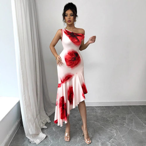 不对称芙蓉花卉印花连衣裙 Asymmetric Hibiscus Flower Dress