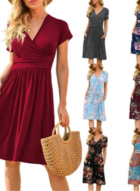 Printed Short Sleeve Pocket Dress Loose Mid length Dress
