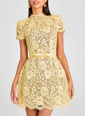 蕾丝花边黄色圆领短裙连衣裙 Lace Yellow Round Neck Dress