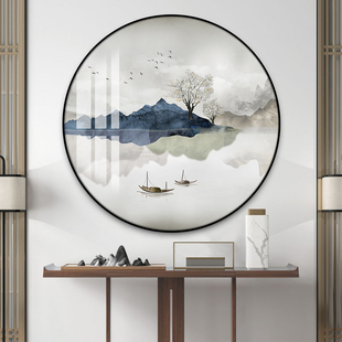 新中式入户玄关装饰画圆形山水画灯画客厅风景画走廊过道茶室挂画