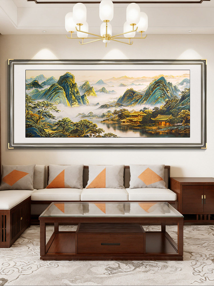 浮雕描金背有靠山办公室挂画山水画茶室客厅装饰画沙发背景墙画