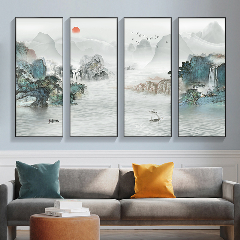 新中式客厅装饰画流水生财沙发背景墙挂画茶室禅意水墨四联山水画