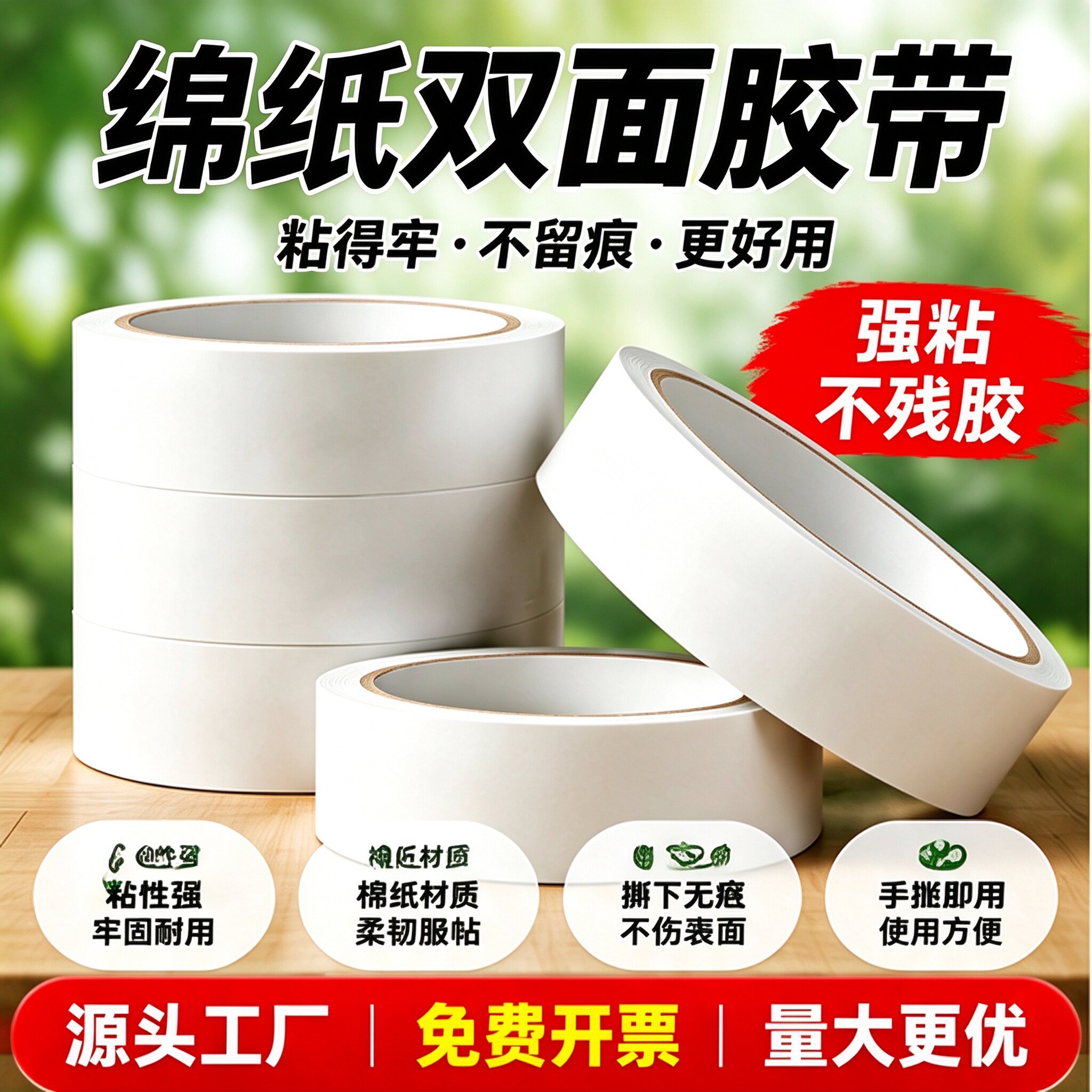 手账用棉纸双面胶强力固定墙面密封加厚高粘度高弹单层不留痕文具相册幼儿园专用小学生专用双面胶儿童手工
