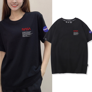 内搭 潮牌宇航员打底衫 黑色短袖 t恤女纯棉小众设计感体恤宽松大码