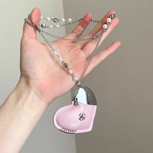 Vintage古着甜酷风粉色爱心珍珠项链韩系小众复古时尚个性毛衣链