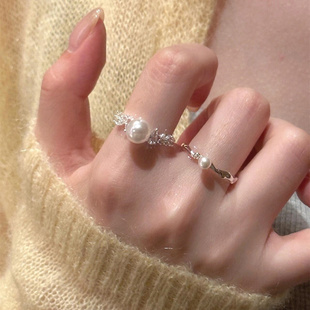 锆石珍珠戒指女两件套开口可调节叠戴法式气质小众网红高级感指环