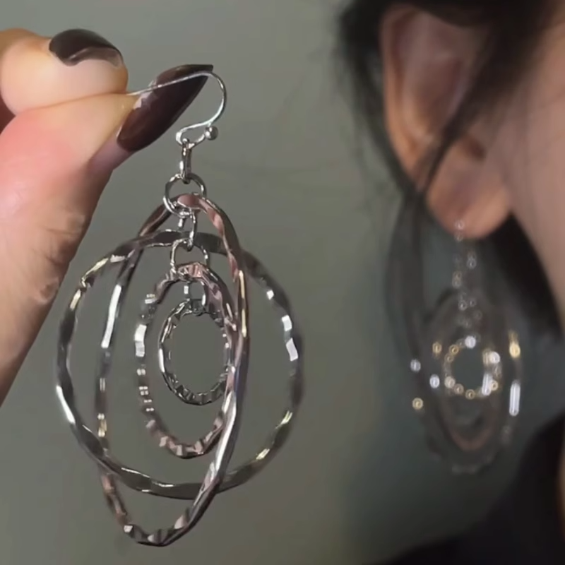 S925银针复古多层锤纹耳圈吊坠耳环女清冷感耳钉酷感姐系耳饰耳夹