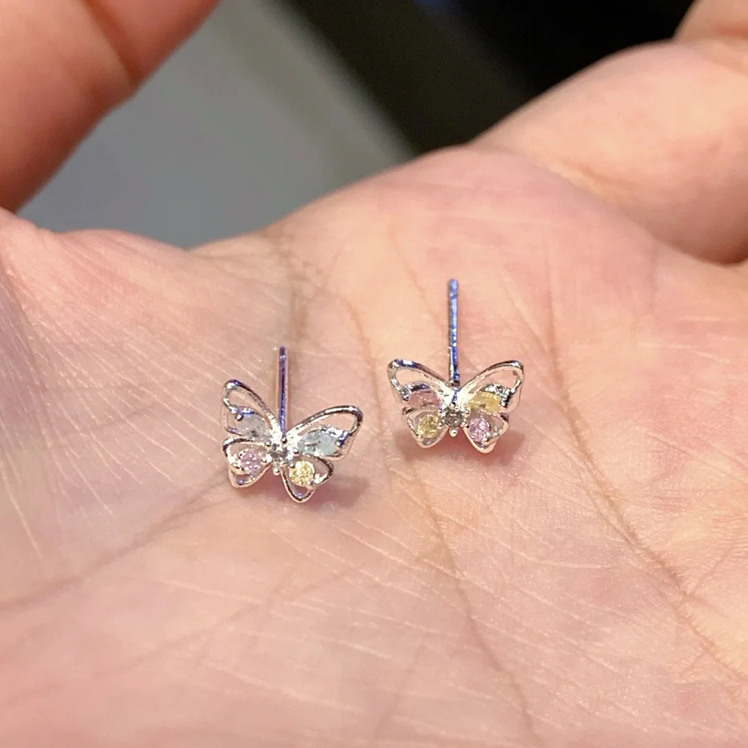 S925纯银针彩色锆石蝴蝶小耳钉