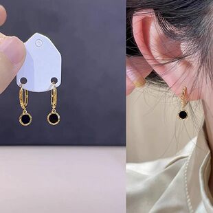 s925银针耳饰黑色珐琅圆形耳扣女轻奢高级感时尚 气质简约百搭耳环