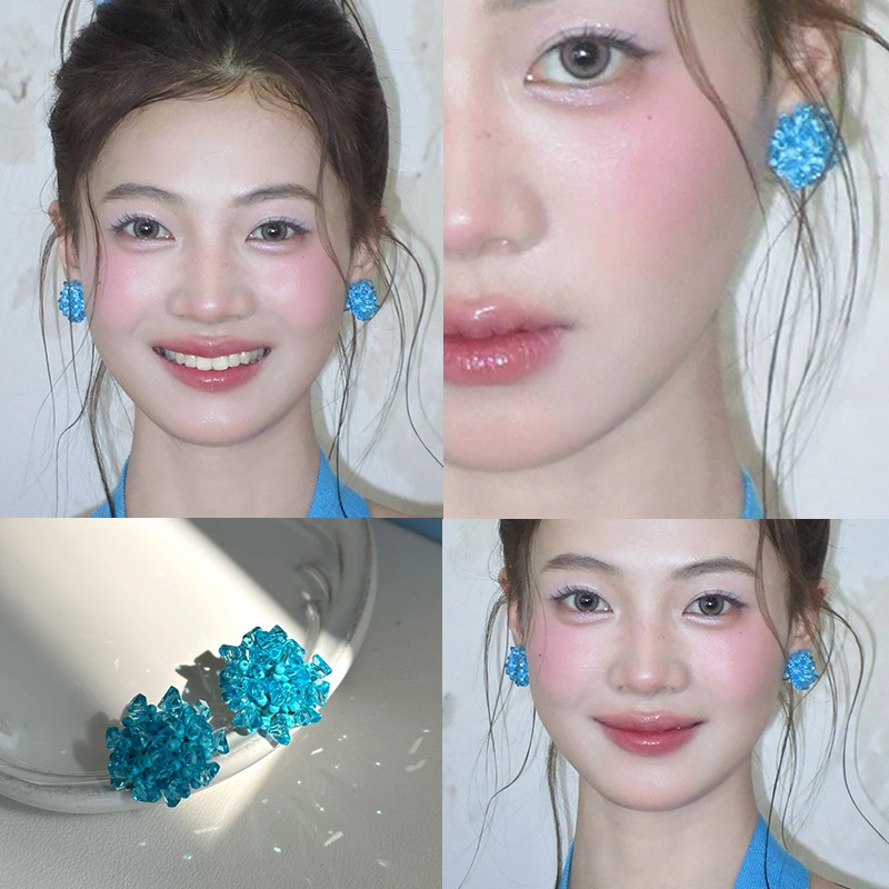 显白!清凉感蓝色串珠耳钉女气质