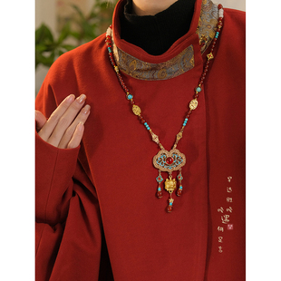 新中式古风平安锁背云红色长璎珞流苏项链女国风汉服马面裙配饰品
