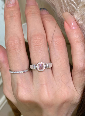 粉色锆石方糖戒指名媛高级感轻奢