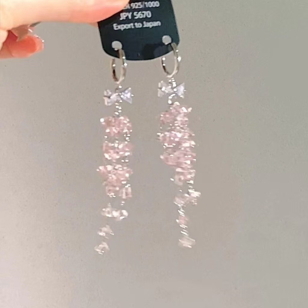 氛围感美女~粉色水晶流苏耳扣氛围感轻奢百搭锆石蝴蝶结耳夹女