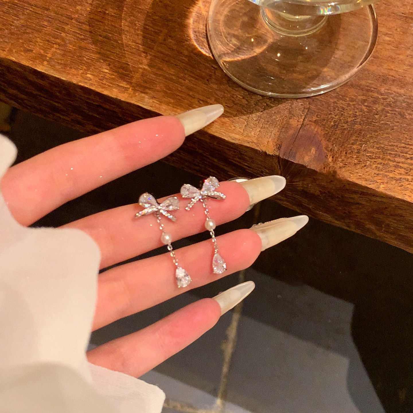 韩系闪锆蝴蝶结水滴吊坠耳环女