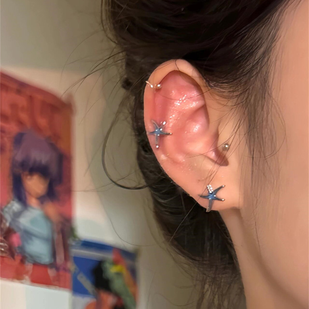 蓝色海星耳钉女设计感小众养耳洞