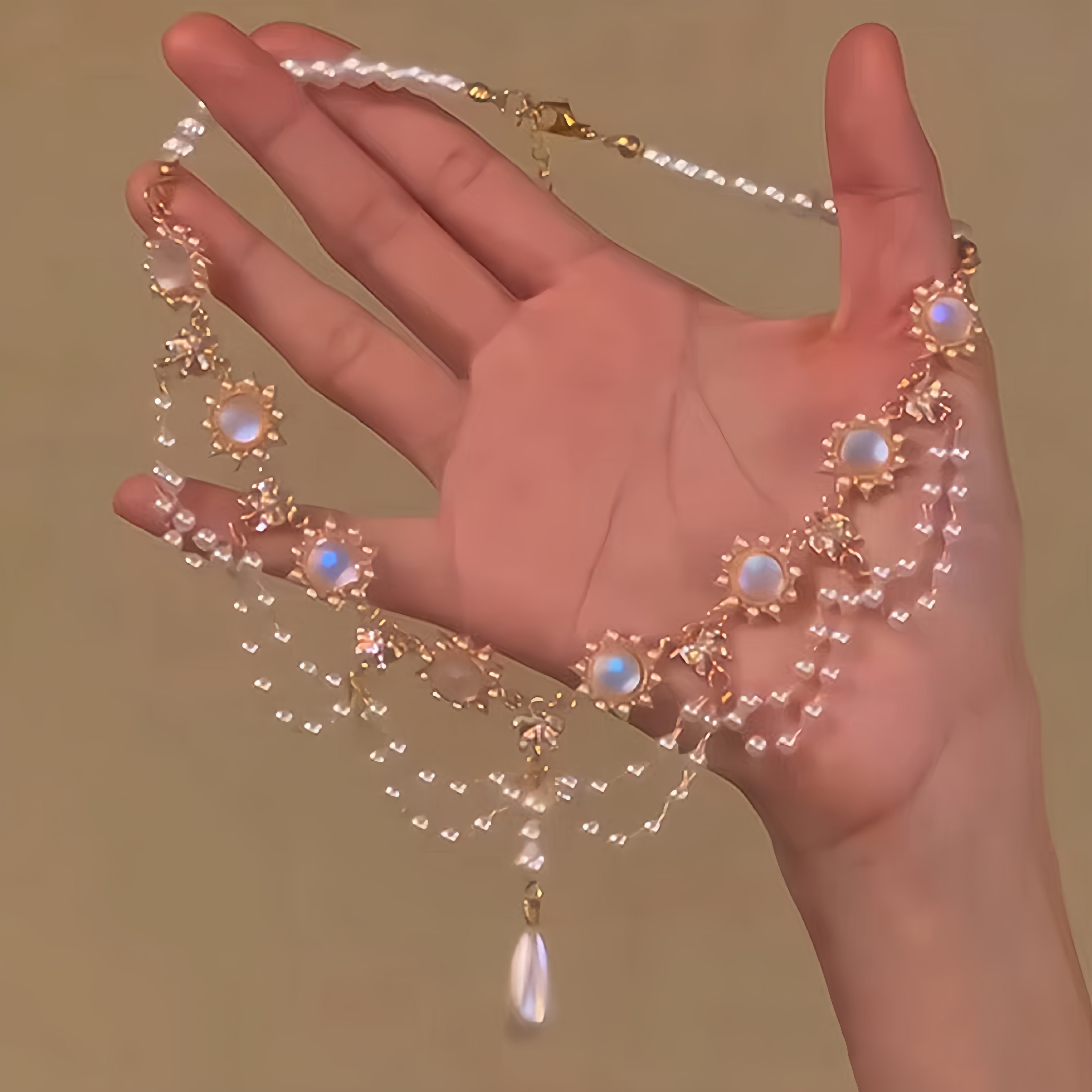 法式月光石珍珠流苏叠戴锁骨链