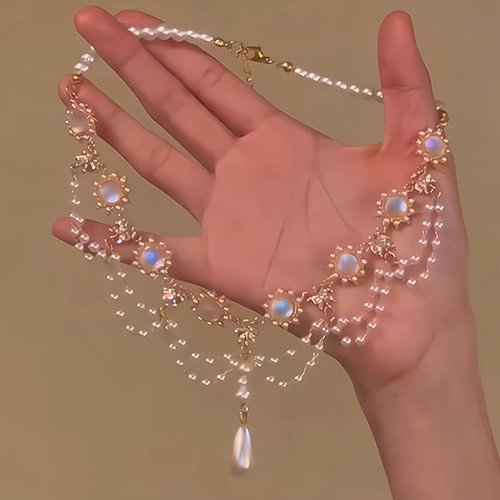 法式月光石珍珠流苏叠戴锁骨链