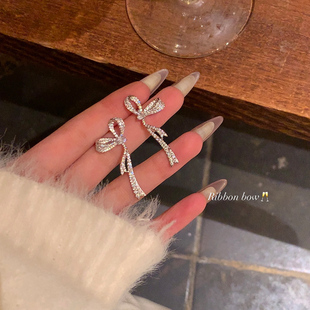 s925银针千金感气质闪锆满钻蝴蝶结耳环轻奢独特耳钉高级感耳饰女